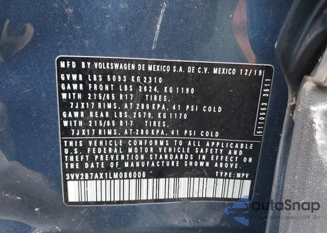 2020 Volkswagen Tiguan 2.0T Se/2.0T Se R-Line Black/2.0T Sel from USA, damaged, VIN 3VV2B7AX1LM086008